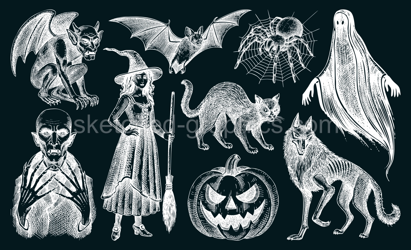 Halloween character sketches set. Gothic monsters hand-drawn vector illustration. Magic animals drawings . NOT AI generated Illustration